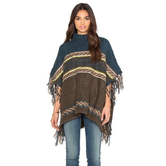 Free People Labyrinth Poncho Army Multi Colmbo Womens XS Small Fringe Cozy Warm‎ - Picture 1 of 8